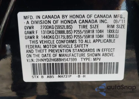 2011 Acura Mdx Technology Package z USA, uszkodzony, nr VIN 2HNYD2H68BH547599